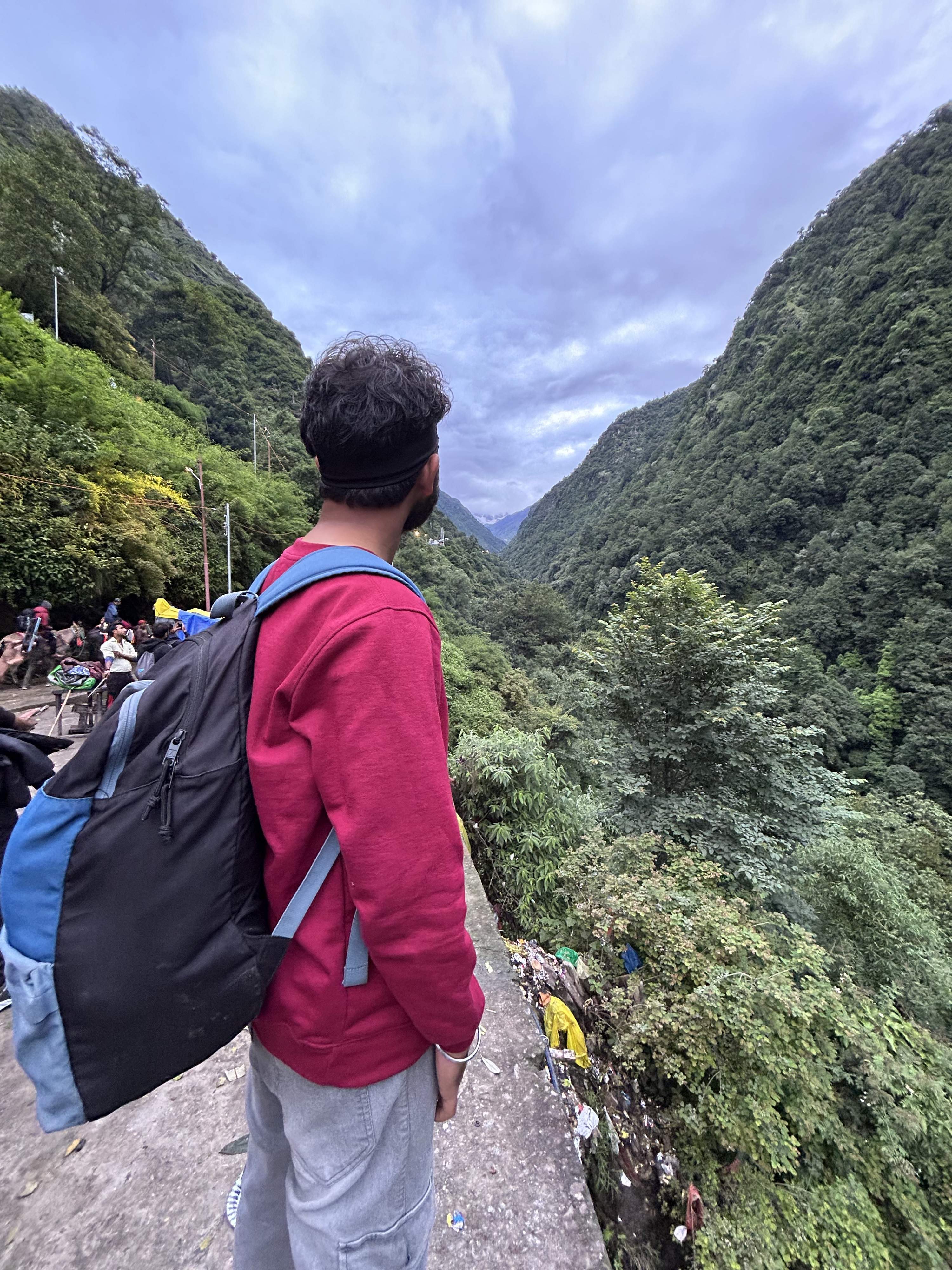 Trek path to Kedarnath with mules and horses assisting pilgrims at dawn