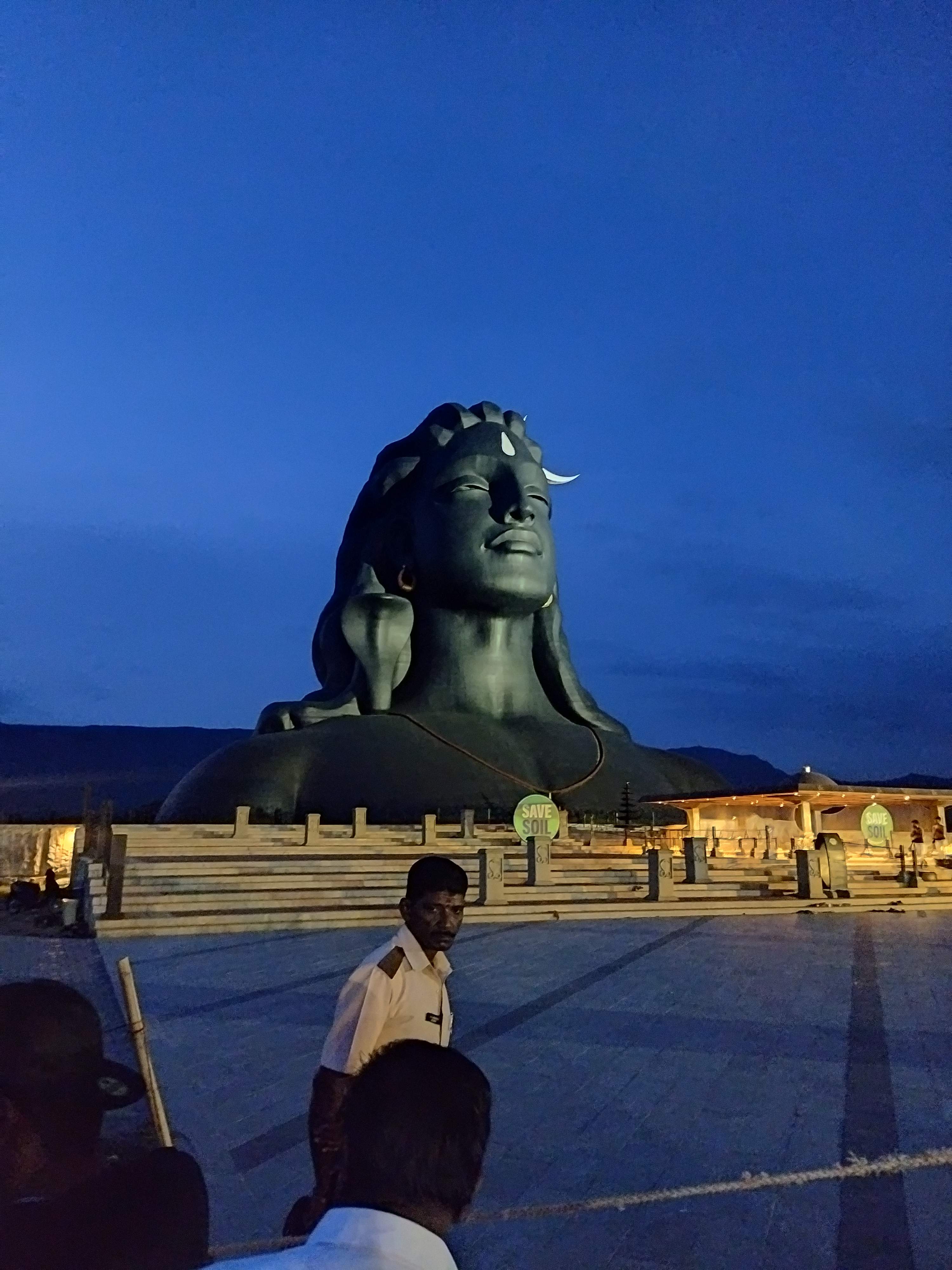 Close-up view of the colossal Adiyogi Shiva statue at Isha Foundation