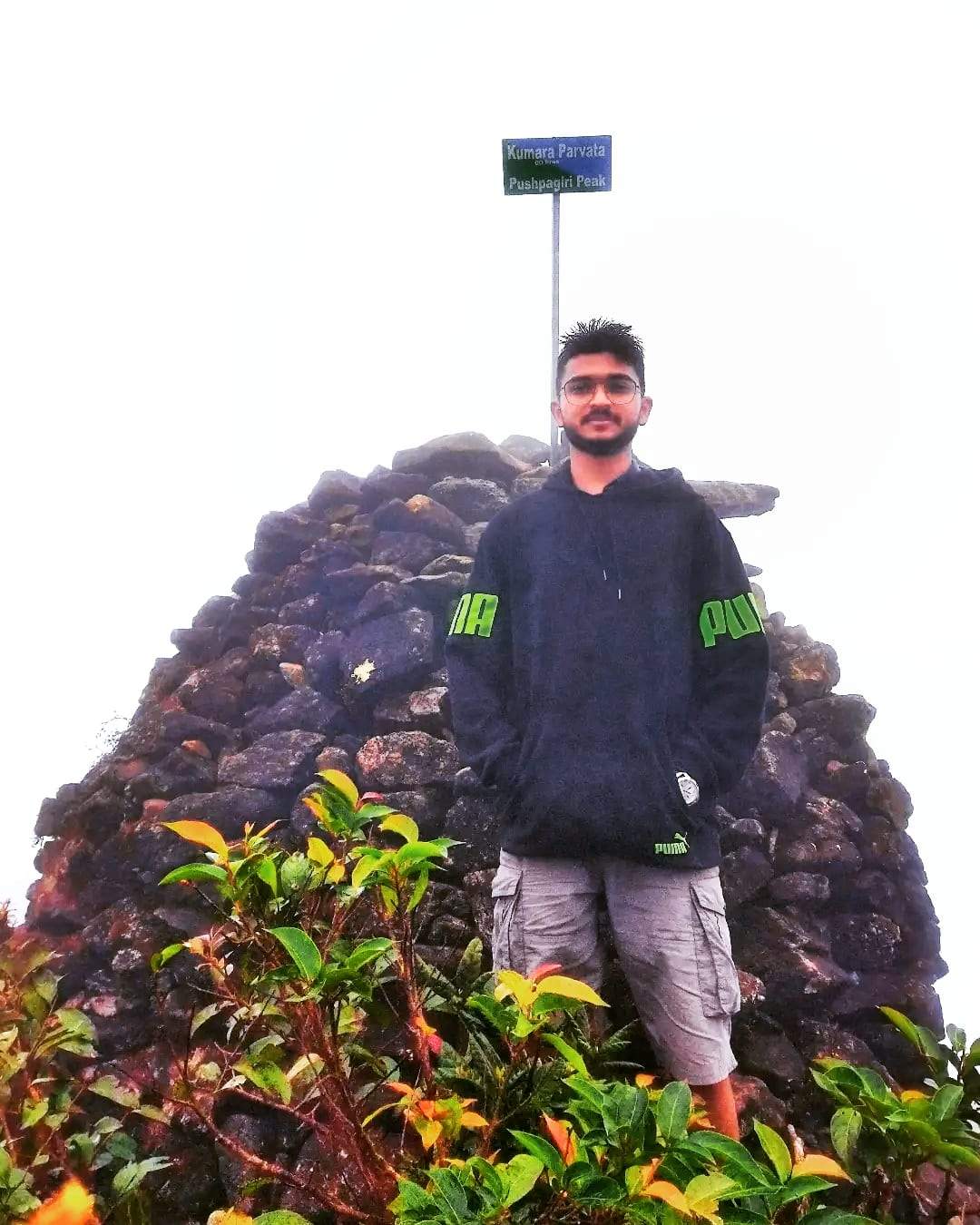 Majestic view of Kumara Parvatha peak shrouded in mist and surrounded by dense forests