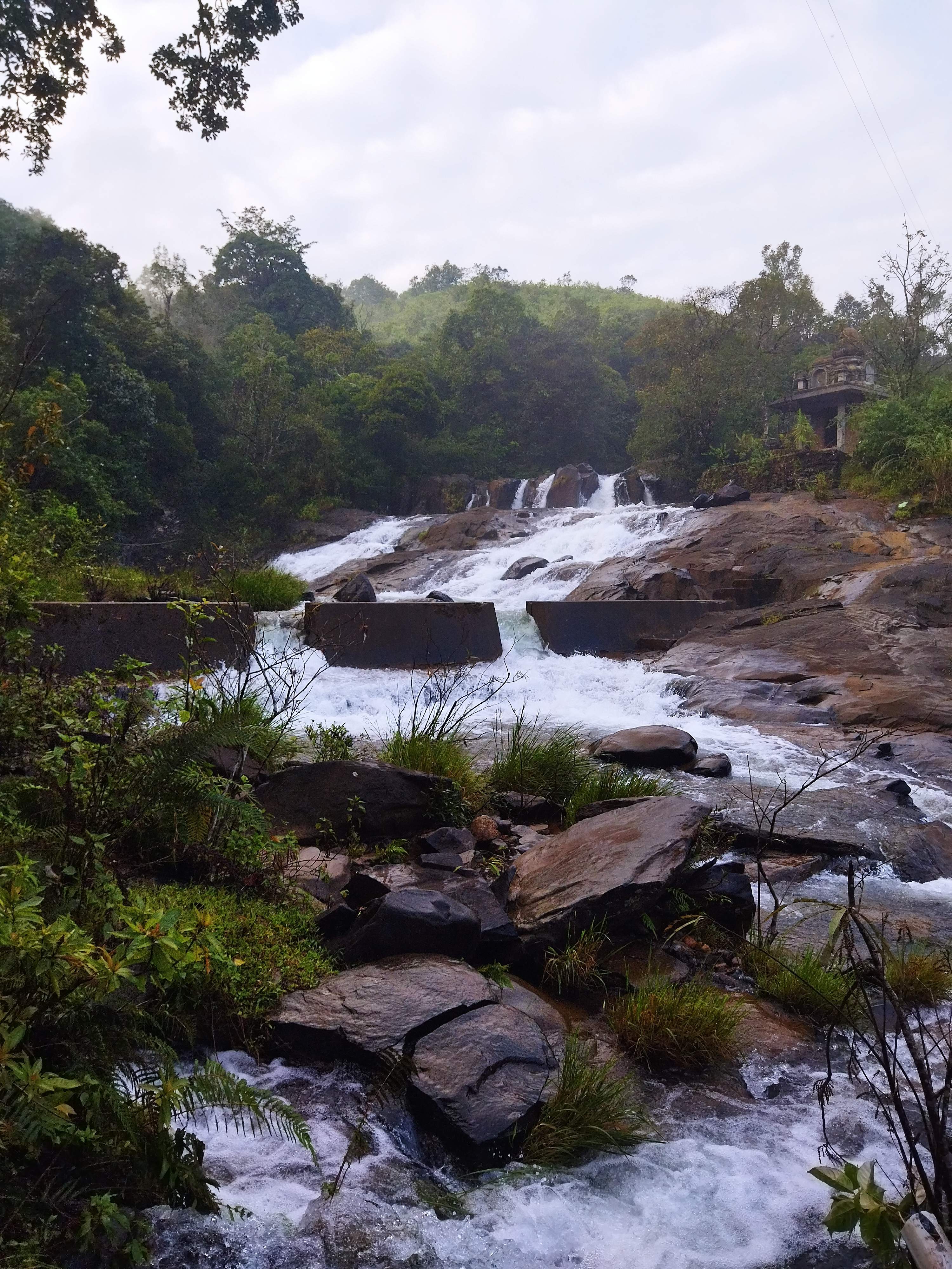 Cascading Somawathi Falls in lush surroundings